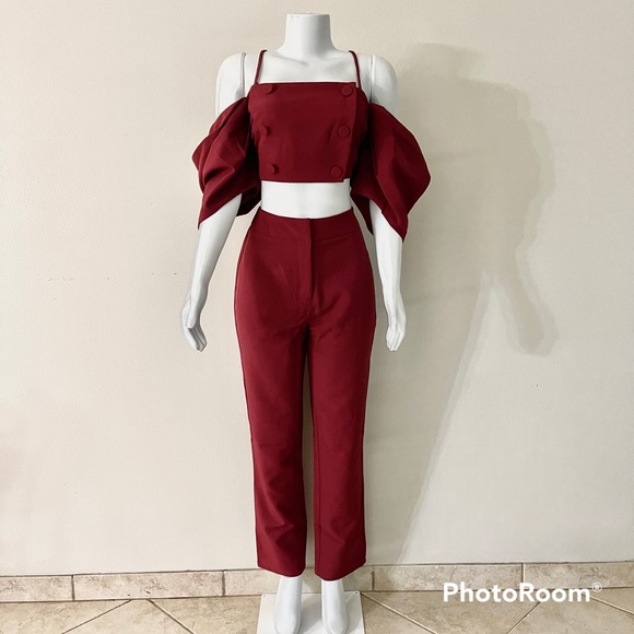 Burgundy cold shoulder double breasted crop top high waisted pants set - Picture 1 of 17